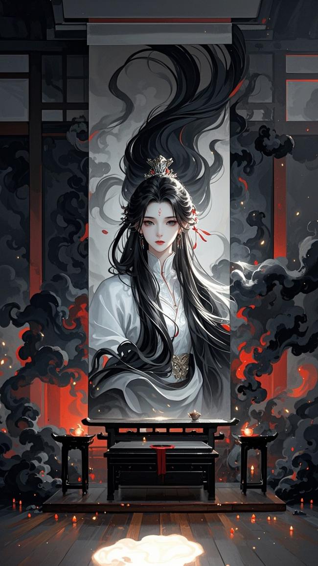 古风仙侠少女端坐烟雾殿宇间