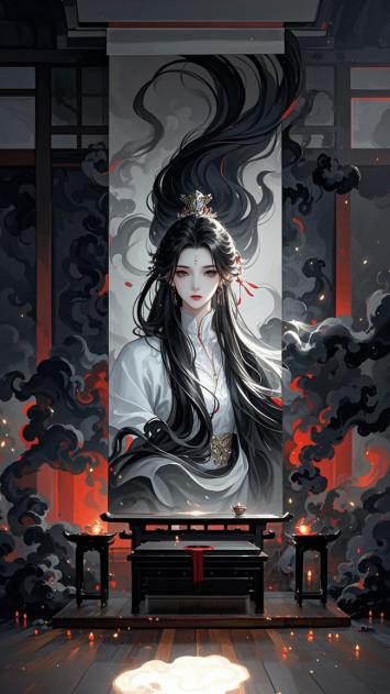 古风仙侠少女端坐烟雾殿宇间