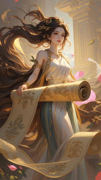 古风仕女持卷轴立于殿前，光影柔美如画