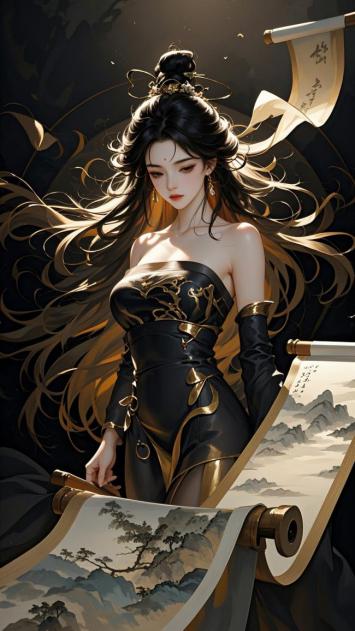 黑金仙姬持卷临风，工笔重彩绘山河