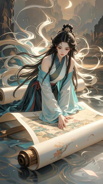 古风仕女抚卷图，水墨丹青意境美