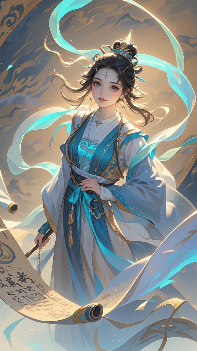 仙侠少女持卷飞舞，蓝白汉服飘逸如云
