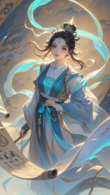 仙侠少女持卷飞舞，蓝白汉服飘逸如云