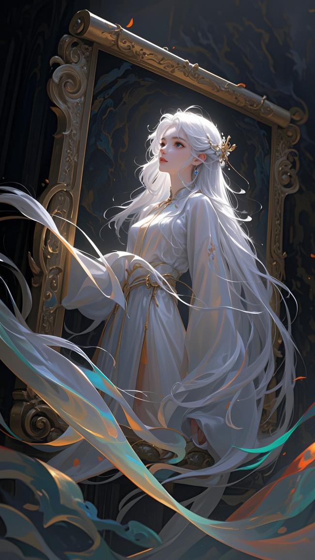 白发仙子立镜前，古风仙侠插画风