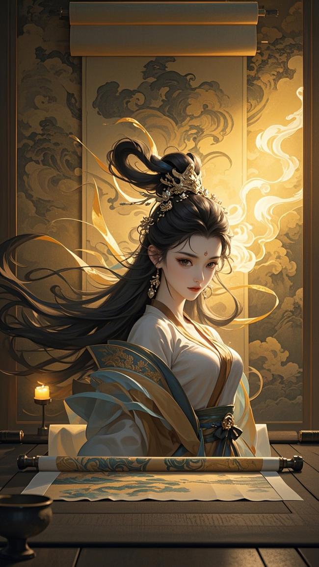 古风仕女持卷沉思，烛光映云纹背景
