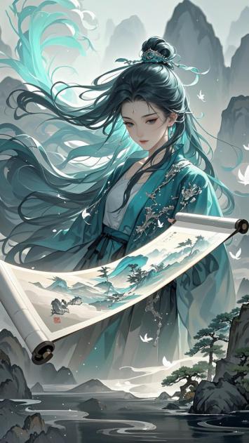 青衣仙子持卷游山川