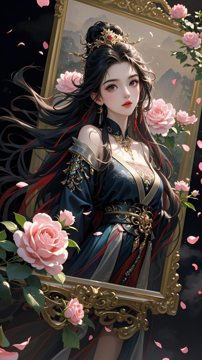 古风仕女持镜赏花图