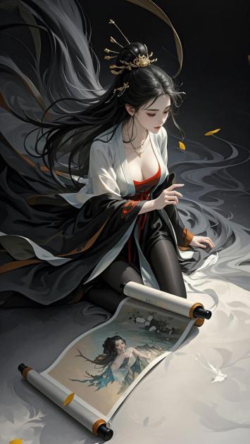古风仕女持卷轴，水墨飘逸映仙姿