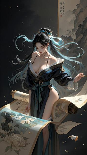 仙侠少女持卷轴水墨风插画