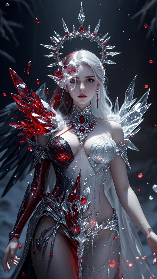 暗黑冰晶女王：血色羽翼与王冠的奇幻肖像