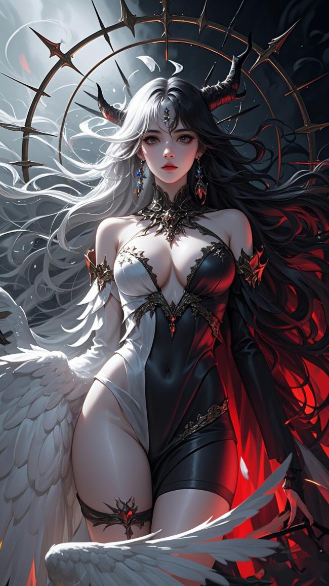 暗黑天使女神插画，双翼与荆棘光环交织