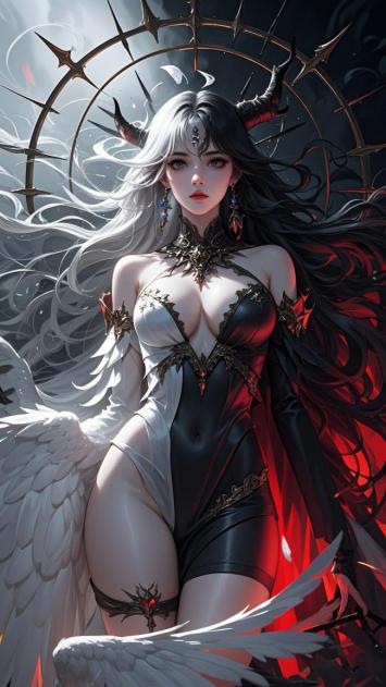 暗黑天使女神插画，双翼与荆棘光环交织