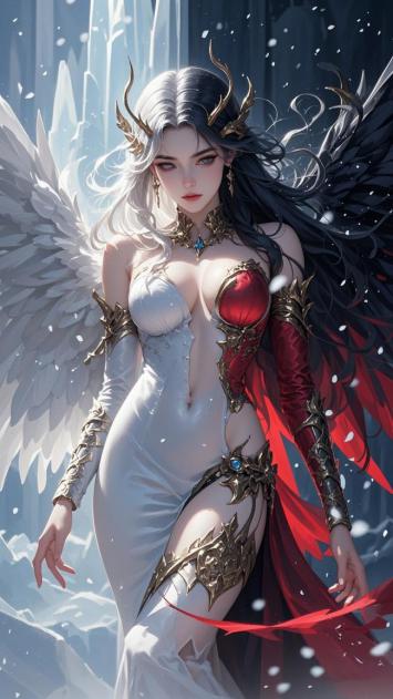 双翼天使雪中伫立，冷艳华美幻境图