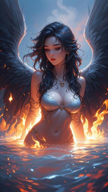 黑翼天使立于火海之中的超现实写真