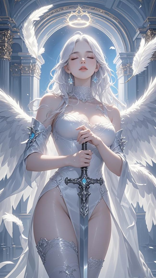 银发天使女战士持剑立于圣殿之中