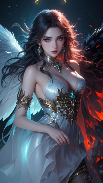 双翼天使与恶魔女郎：光影交织的奇幻肖像