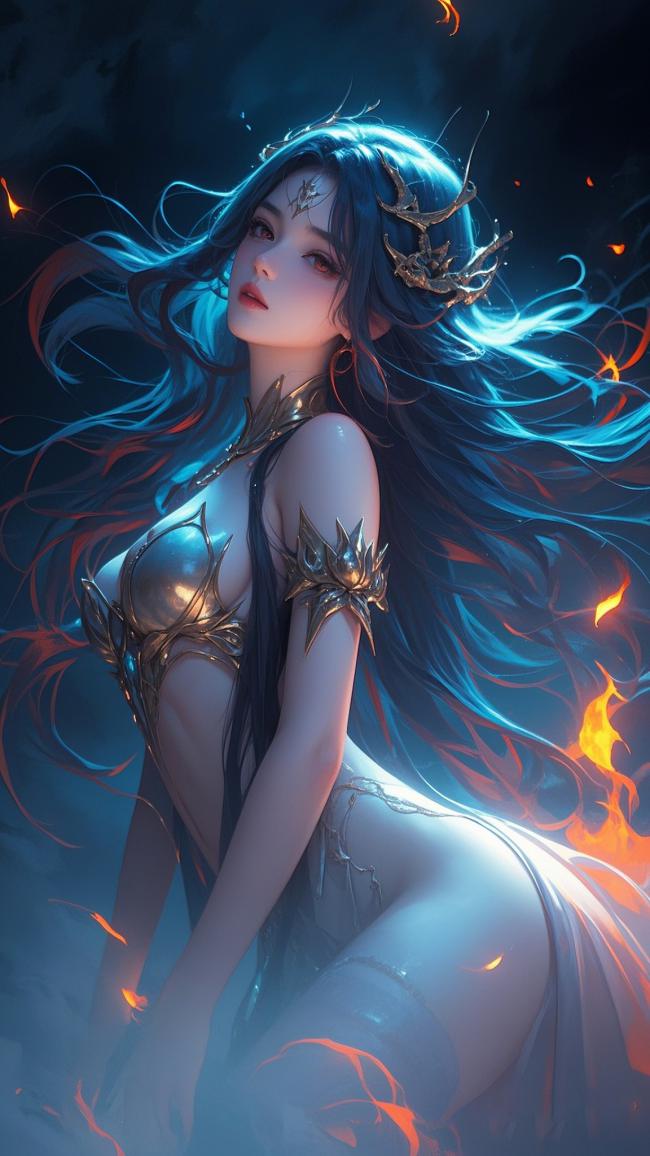 蓝发仙姬火焰环绕3D写实插画