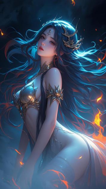 蓝发仙姬火焰环绕3D写实插画