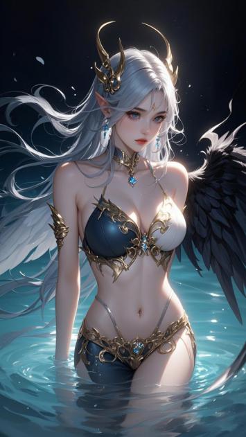 银发天使立于深海，黑翼与金饰辉映神韵