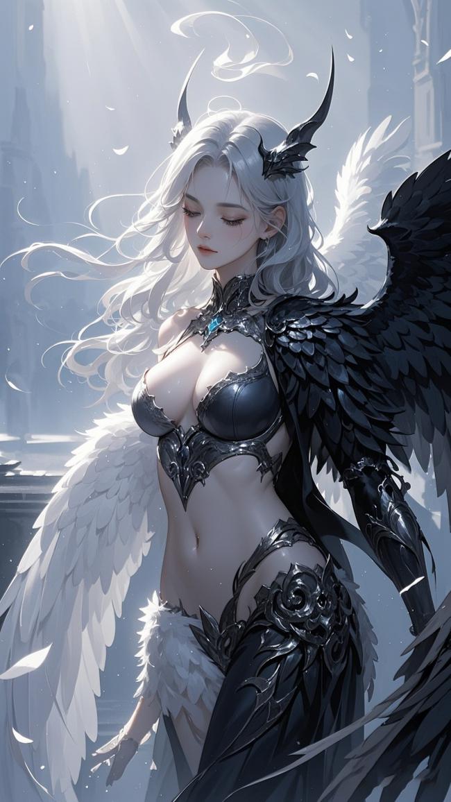 黑翼天使银发女神写实插画