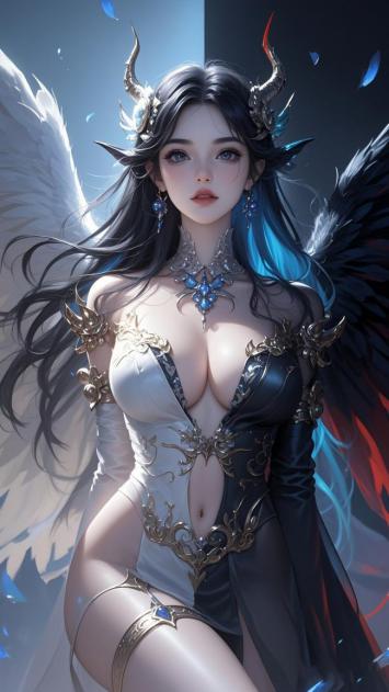 黑白双翼恶魔天使少女立绘