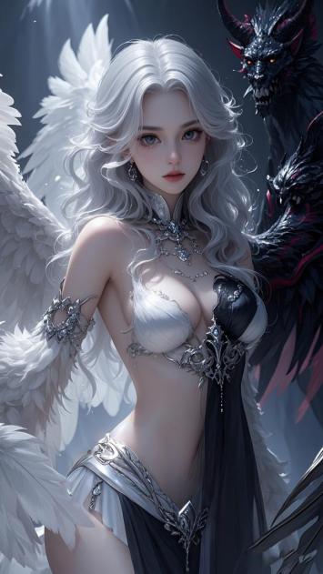 银发天使与黑翼恶魔对峙奇幻插画