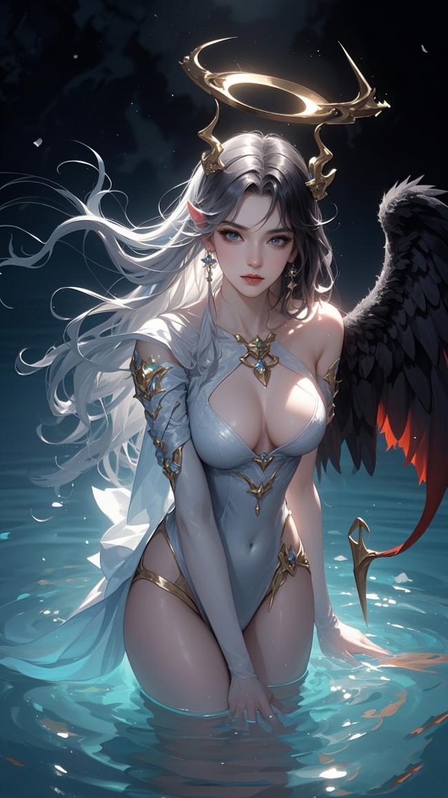 堕天使银发少女水中凝视插画