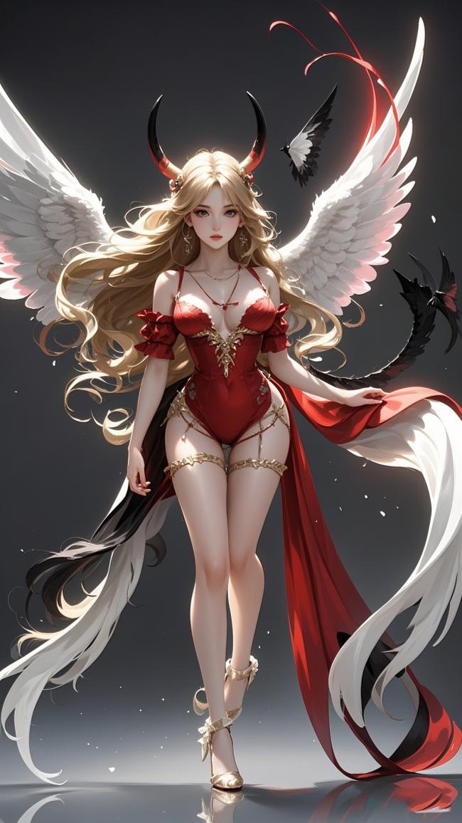 红白羽翼恶魔天使少女插画
