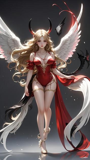 红白羽翼恶魔天使少女插画