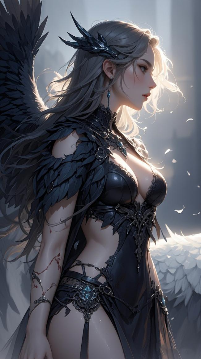 暗黑天使银发少女写实插画