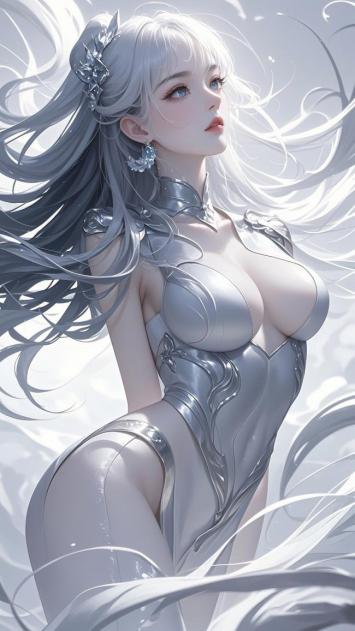 银甲女神科幻插画，飘逸银发与金属战甲的极致美学