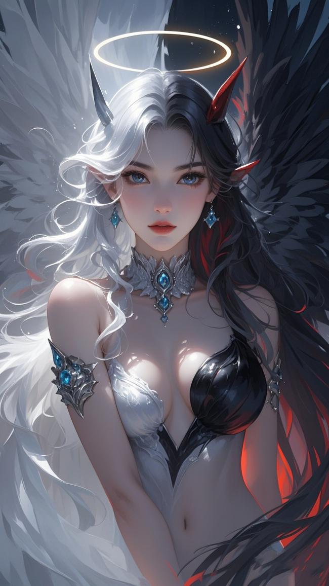 黑白双翼天使恶魔少女3D插画