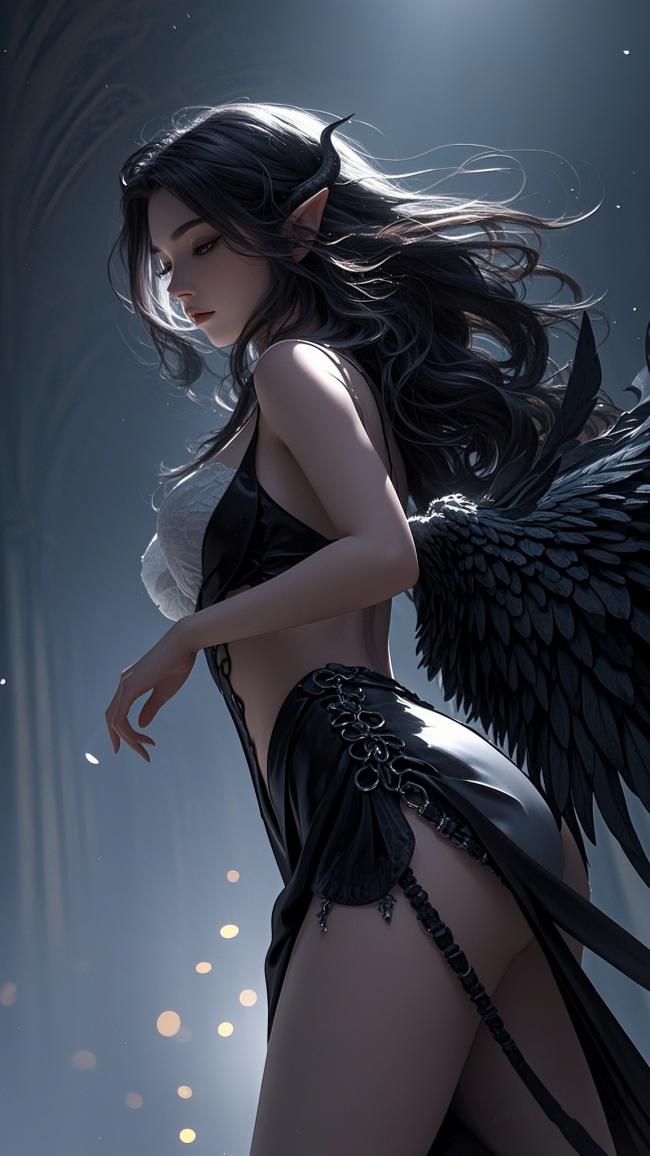 暗黑天使女神3D渲染图，冷光羽翼唯美飘逸