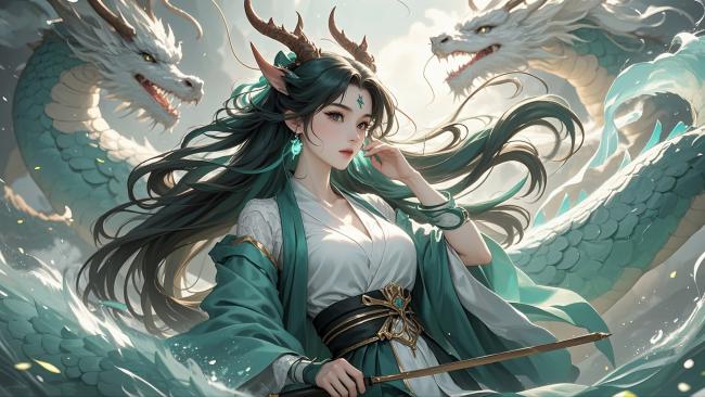 仙侠少女与双龙共舞的写实奇幻场景