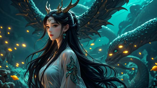 深海龙女仙侠画卷：碧波中的神祇凝望