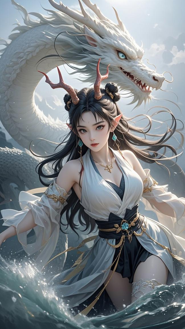 仙侠少女与白龙共舞浪涛间