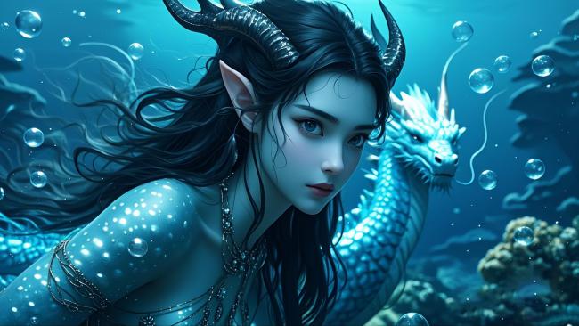 深海龙女与蓝龙共舞奇幻场景
