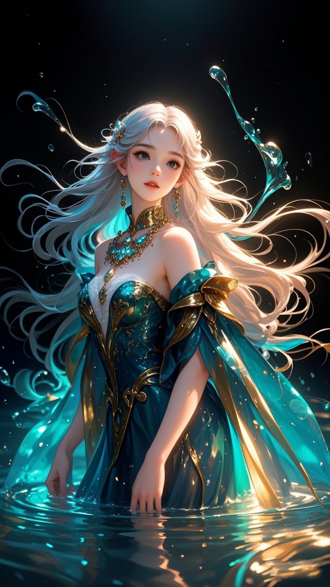 银发水神立于深海，蓝金华服映星光