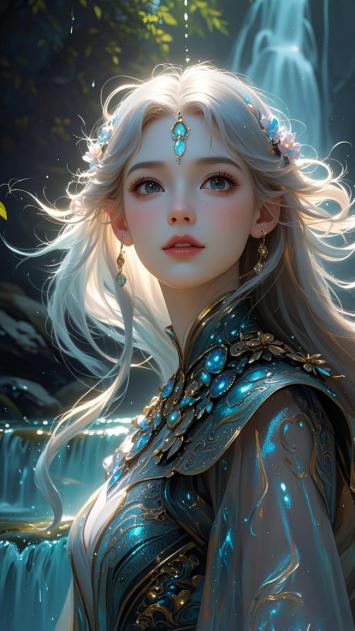 银发仙子立瀑林间，蓝金战甲映水光
