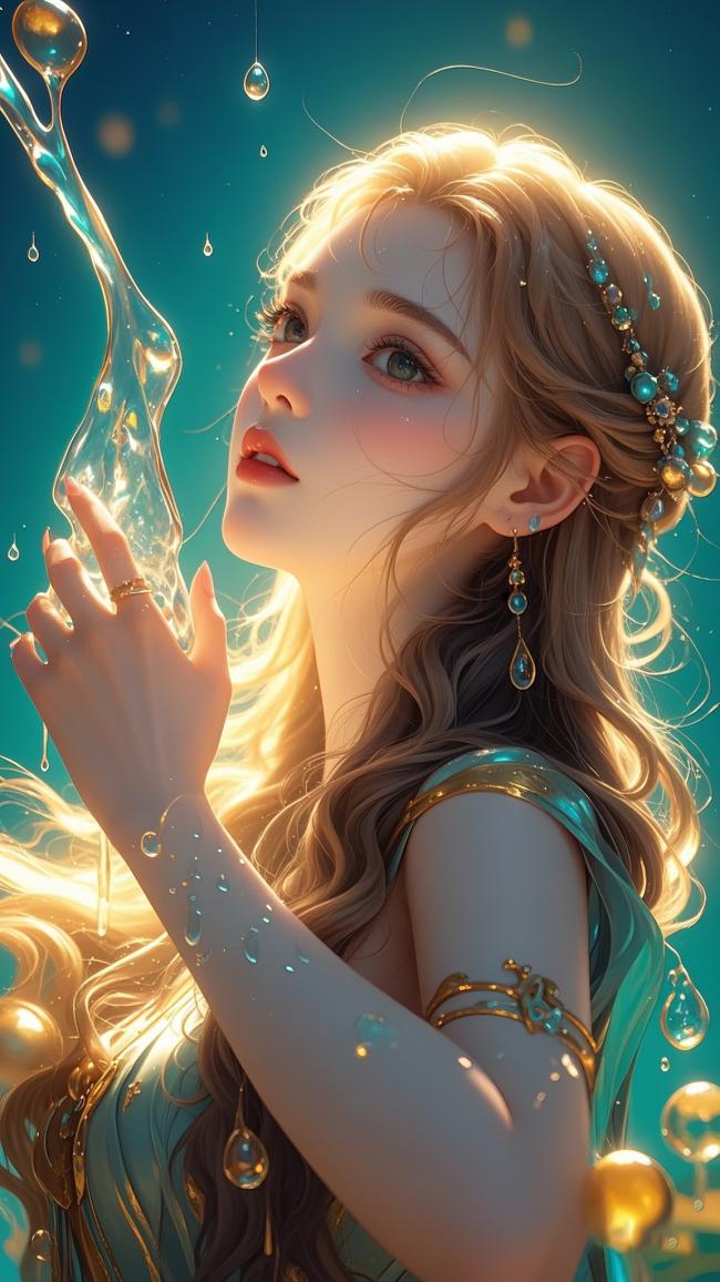 水之女神凝望晶莹水滴，光影梦幻如梦似幻