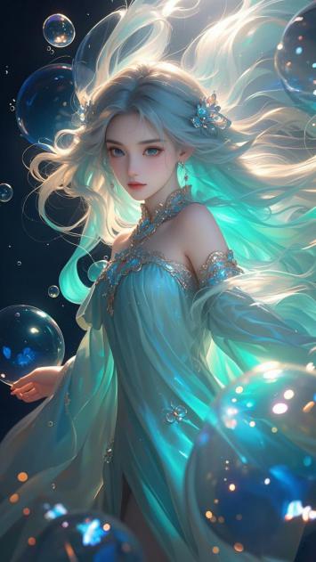 银发仙子悬浮泡泡间，3D梦幻光影盛宴