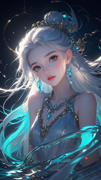 银发蓝眸仙子，水系魔法华服插画