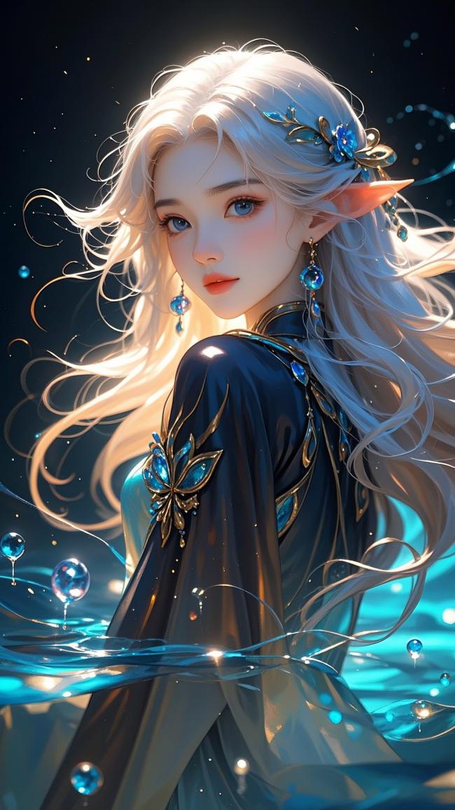 银发精灵少女水境幻影插画