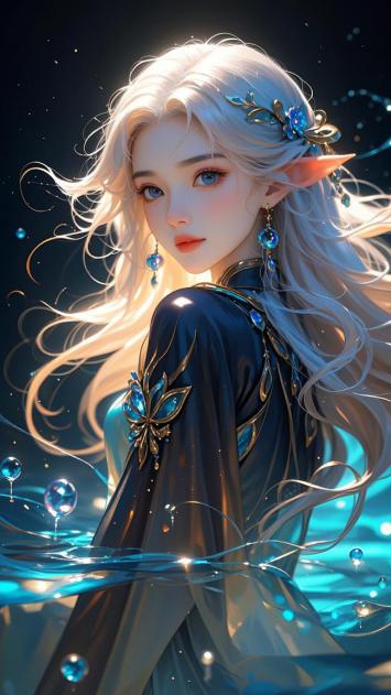 银发精灵少女水境幻影插画