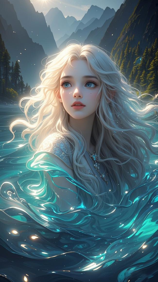 银发少女沉浸山湖之境，奇幻光影交织梦幻画面