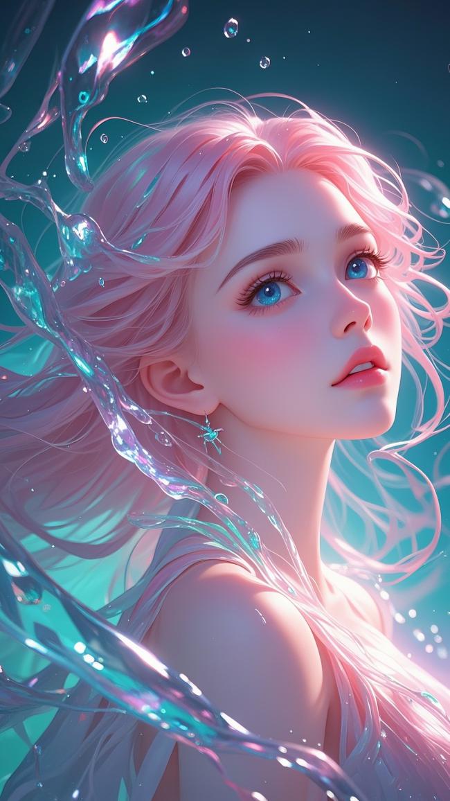 水下粉发少女3D渲染插画