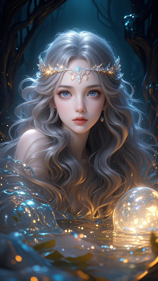 银发精灵少女水下幻境肖像