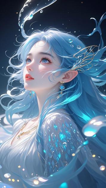 蓝发精灵少女3D插画，水光梦幻风