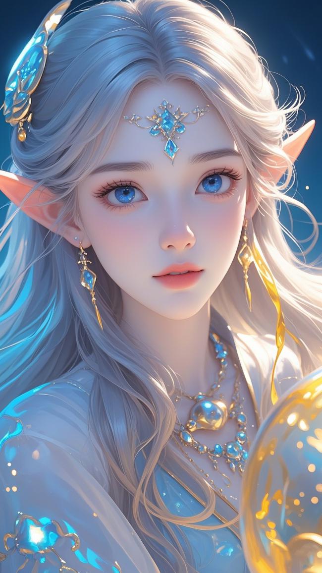 银发精灵少女3D写真，蓝眸水晶装束梦幻唯美