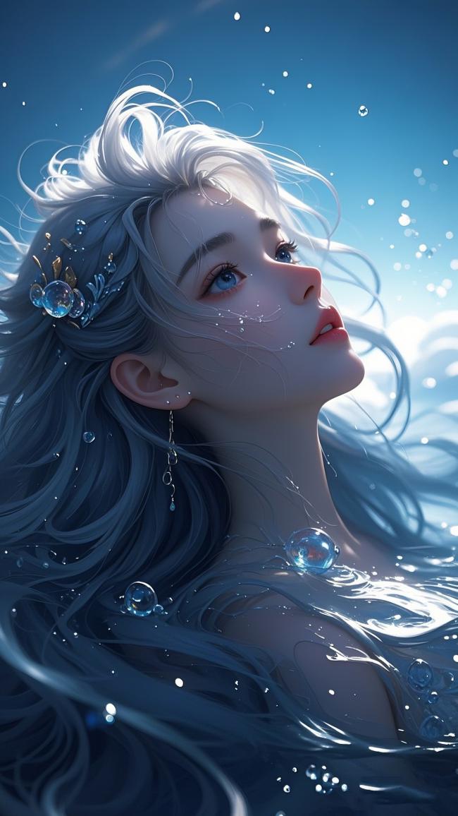 水下仙子银发蓝眸唯美肖像